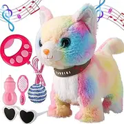 Marsjoy Colourful Leash Walking Cat Set Singing That Purrs and Meows Animated Plush Robot Kitten Moving Plush Realistic Stuffed Animal Remote Control Cute Kawai Robotic Kitty Toy for Girl