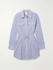 [Marant Étoile] Marant Étoile - Liliane Belted Striped Cotton-poplin Mini Shirt Dress - Azure - FR 42 FR 42 Blue