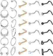 [Mayhoop] 20g Stainless Steel Nose Rings Hoop L Shape Nose Studs Nose Screw Bone Silver Rose Gold Black Rainbow Pack for Women Men 28Pcs