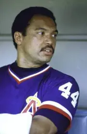 Closeup of California Angels Reggie Jackson in dugout before game - Old Photo