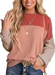 [Valtorixia] Womens Fashion Color Block Knitted Shirts Long Sleeve Crewneck Knitted Ribbed Shirts Casual Loose Pullover Shirts Tops (red,Medium)