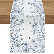 Blue Monochrome Sketch Birds Flowers Table Runner, Floral Burlap Seasonal