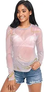 [RPLIFE] Marble Texture Pink Womens Mesh Sleeve Top, See Through Tops for Women S-XXL