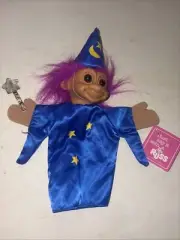 Russ Purple Hair Wizard Troll Rubber Head Blue Robe Wand Hand Puppet Toy