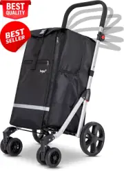 74L lightweight foldable shopping trolley, sturdy 6 wheels, collapsible, black.