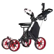 CaddyTek CaddyCruiser ONE Pro One-Click Folding 4-Wheel Golf Push Cart - Red + Removable Seat