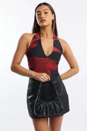 Black Floral Halter Neck Top Mesh - Size 10S, Women's Top