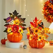 Halloween Fall Desktop Ornament with Faux Pumpkin, Maple Leaves and LED Light for Autumn Harvest Festival, Spooky Halloween Scene Decoration for Fall Home and