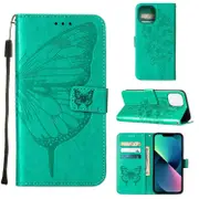For iPhone 14 Plus Case, Embossed Floral Butterfly, PU Leather Wallet Cover, Lanyard, Stand, Green