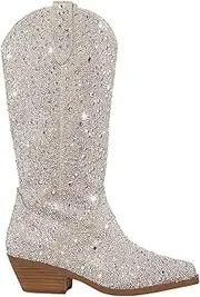 [Atuelang] Women's Rhinestone Cowboy Boots Sparkly Knee High Boots Fashion Pointed Toe Block Heel Mid Calf Cowgirl Short Ankle Booties