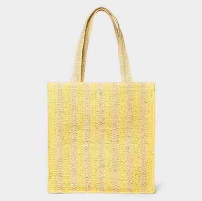 NEW Striped Straw Crochet Tote Bag Universal Thread Yellow Beach Summer