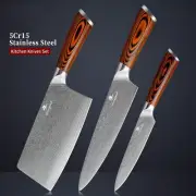 Chef Cleaver Utility Knife Set Laser Damascus Steel Pattern Wood Handle Slicing