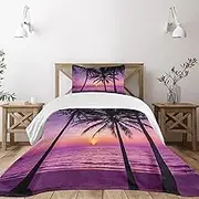 Ambesonne Ocean Bedspread, Palm Trees Silhouette at Sunset Dreamy Dusk Warm Exotic Twilight Scenery Image, Decorative Quilted 2 Piece Coverlet Set with Pillow Sham, Twin Size, Purple Black