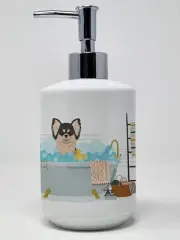 Longhaired Black and White Chihuahua Ceramic Soap Dispenser Hand Soap Dispenser
