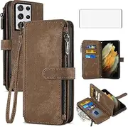 [Asuwish] Phone Case for Samsung Galaxy S21 Ultra 5G Wallet Cover with Tempered Glass Screen Protector Leather Flip Credit Card Holder Stand Cell Accessories S21ultra 21S S 21 21ultra G5 Women Men Brown
