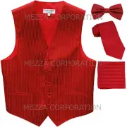 New Men's Tuxedo Vest Vertical Stripes Necktie, Bowtie & Hankie set party Red