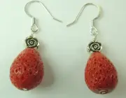 Teardrop Red Sponge Coral Earrings & Silver Tone Flowers Handmade Statement