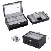 Watch Box Organizer 12 Case Black PU Leather Jewelry Display Drawer Glass Top
