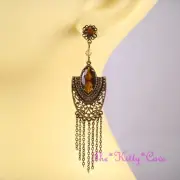 Vintage Deco Filigree Bronze Ethnic Ornate Topaz Bling Drop Chandelier Earrings