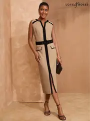 Love & Roses Camel Sleevless Tailored Ponte Jersey Dress (AK6166) | $129