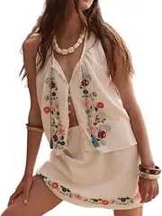 [Foidiccx] Tie Front Tank Top Women Y2k Floral Babydoll Crop Vest Cami Teen Girl Coquette Sexy Going Out Camisole Blouse Shirt