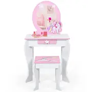 Babyjoy Kids Dressing Table & Chair Set Princess Makeup Table w/Mirror & Stool 2-in-1 Vanity Set Writing Desk White