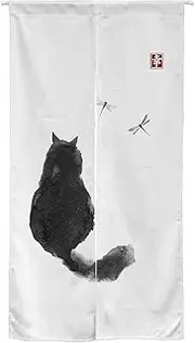 Ofat Home Design Japanese Ink Cat Black and White Noren Doorway Curtain Polyester Blend 33.5"x 59" Door Curtain for Kitchen Tapestry for Wall Hanging Decoration