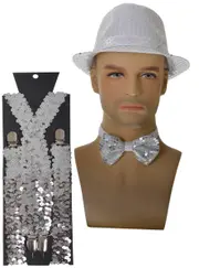 Showman Silver Sequin Hat and Braces Accessory Set