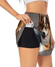[GaxfjRu] Funny Corgi Butt Brown Print Women's Running Shorts High Waisted Running Shorts Pocket Sporty Gym Elastic Short