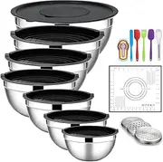 GRNupld Mixing Bowl Set, 7pcs Mixing Bowls with Lids & 3 Grater Attachments, Stainless Steel Nesting Metal Mixing Bowls with Rolling Pin Mat for Kitchen - Size 4.6, 3.5, 2.6, 2, 1.5, 1, 0.7QT