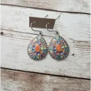 Multi Colored Teardrop Shape Patterned Dangle Earrings - New