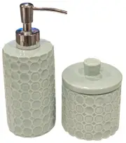 NEW! Bathroom Covered Jar & Soap Dispenser Groovy Medallion Ceramic Mint Green