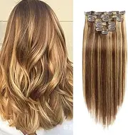 Clip in Hair Extensions Real Human Hair Blonde Balayage Straight Human Hair Extensions Clips in Medium Brown To Bleach Blonde Highlights 7 PCS,18INCH