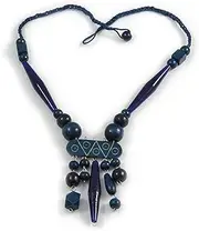 Beaded Necklace, Avalaya Tribal Wood/Ceramic Bead Cotton Cord in Dark Blue - 60cm Long/ 10cm Long Front Drop, cords
