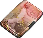 [ELFISH] Mini RFID Aluminum Wallet Credit Cards Holder Business Card Case Metal ID Case for Men Women, Pink Grey Marble, small, Compact