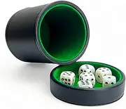 Luck Lab Black Leather Dice Cup with Lid Including 6 Matching Pearl Dice - Green Velvet Interior for Quiet Shaking - Use for Liars Dice Farkle Yahtzee Board Games, Black