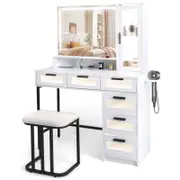 Costway Dressing Table Stool Set Charging Station Vanity Cabinet