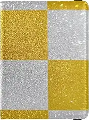 [Amooorous] Fake Glitter Checkerboard Squares White Yellow Leather decorative passport holder for travel men Vaccine Case Protector Cover Badge ID Vaccine Card Holder Wallet Waterproof, Fake Glitter checkerboard