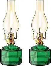 Tuanse 2 Pieces Chamber Oil Lamp Classic Kerosene Lantern Vintage Oil Lamp for Indoor Use,Decorative Hurricane Lantern with Adjustable Fire Wick for Home Tabletop Decor,13 Inch Height(Green)
