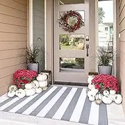 IOHOUZE Grey White Striped Rug -3X5 Front Door Mats Outdoor,Washable Rug for Front Porch Decor,Spring Summer Welcome Mats Outdoor Indoor, Doormat for Farmhouse/Entryway/Home Entrance