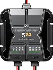 2 Bank Marine Battery Charger 5X2, 10A (5A/Bank) - 12V Waterproof Onboard Boat Charger, Battery Maintainer & Desulfator for SLA/AGM, Lithium (LiFePO4), Calcium & Deep-Cycle Batteries, Charged 24/7
