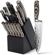 Knife Set,15 Pieces Kitchen Knife Set with Wooden Block,High Carbon Japanese Stainless Steel Knife Block Set,Ultra Sharp, Full-Tang Design,Irregular Hammer Pattern