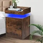 Levede LED Bedside Table with Charging Station, End Table Nightstand Cabinet Storage Drawers with 2 USB Chargers/2 Outlets, Industrial Side Table Bedroom Livingroom Office(Rustic Brow)