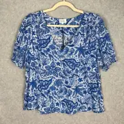 Nicole Miller Top Women XL Blue White Bloom Blouse Ruffle Career Church Coastal