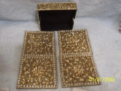 Set Of 4 Gold Faux Jeweled Drink Coasters With Gold Holder New
