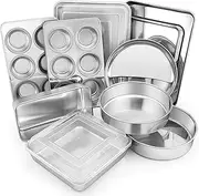 E-far 12-Piece Stainless Steel Bakeware Sets, Metal Baking Pan Set Include Round Cake Pans, Square/Rectangle Baking Pans with Lids, Cookie Sheet, Loaf/Muffin/Pizza Pan, Non-Toxic & Dishwasher Safe