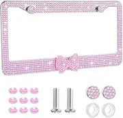 Bow License Plate Frame, Stainless Steel Pink Glitter License Plate Frame Girly with Rhinestone Crystals & Glitter Screw Caps for Women, Girls, (Pink, 12.2 X 6.3 in)