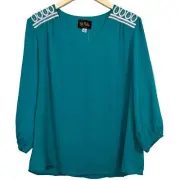 NWT Bob Mackie Wearable Art Blouse Turquoise Embroidered Shoulder Tunic Sz 16