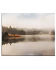 Stupell Industries Autumn Lake Misty Landscape Distant Pine Tree Forest Stretched Canvas Wall Art by Irene Weisz