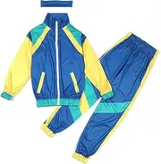 [JELEUON] Boys Girls Retro Hip Hop 80s Tracksuit Costume Dance Sportswear Top Pants Sets Outfit Colorblock Windbreaker Sets